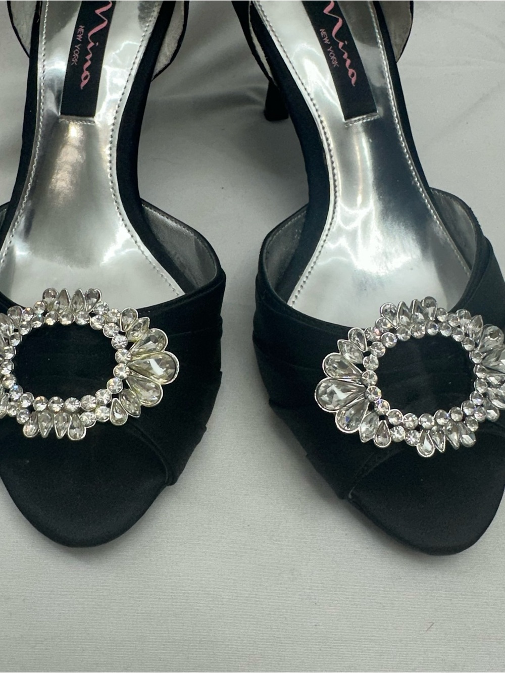 Nina Black Satin Like Open Toe Heels with Crystal Buckle 8 - Picture 3 of 6